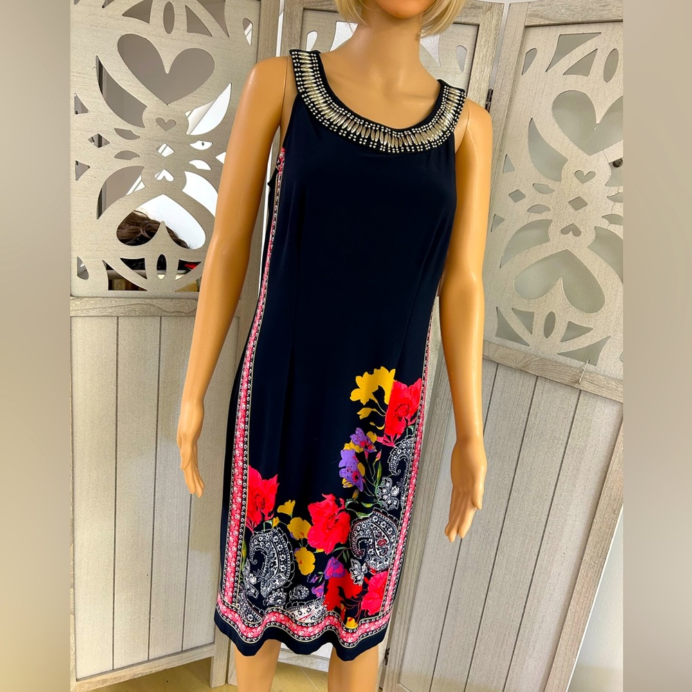 Roz & Ali Sheath Dress size Medium Blue with Beaded Metal collar NWT